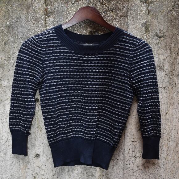 AllSaints Navy & Silver Striped Sheer Knit Sweater Women’s Size 2 (UK 6 / EU 34) - Picture 1 of 4